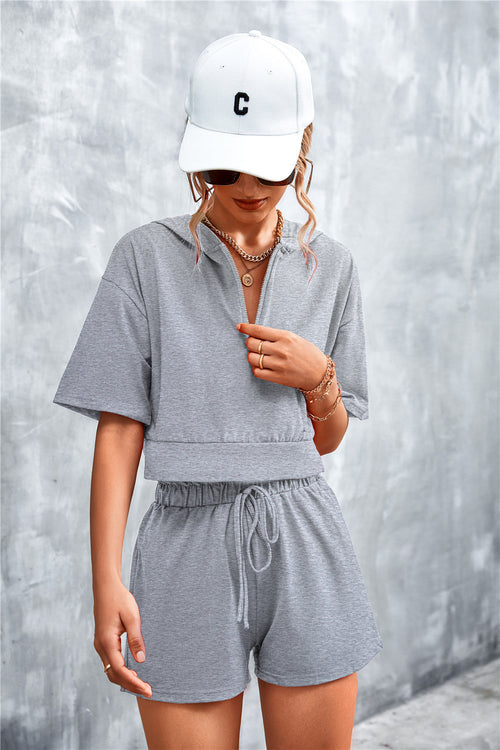 Stylish Half-Zip Hooded Cropped Tee & Shorts Co-ord Set