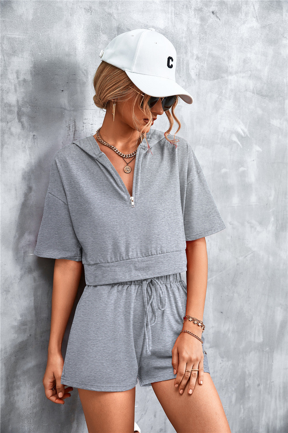 Stylish Half-Zip Hooded Cropped Tee & Shorts Co-ord Set