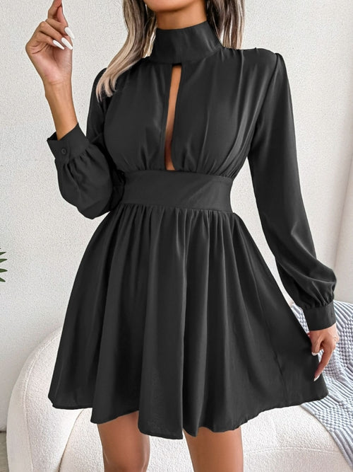 Chic Cutout Turtleneck Mini Dress - A-Line, Long Sleeve, Keyhole Neckline - Casual Elegance for Women