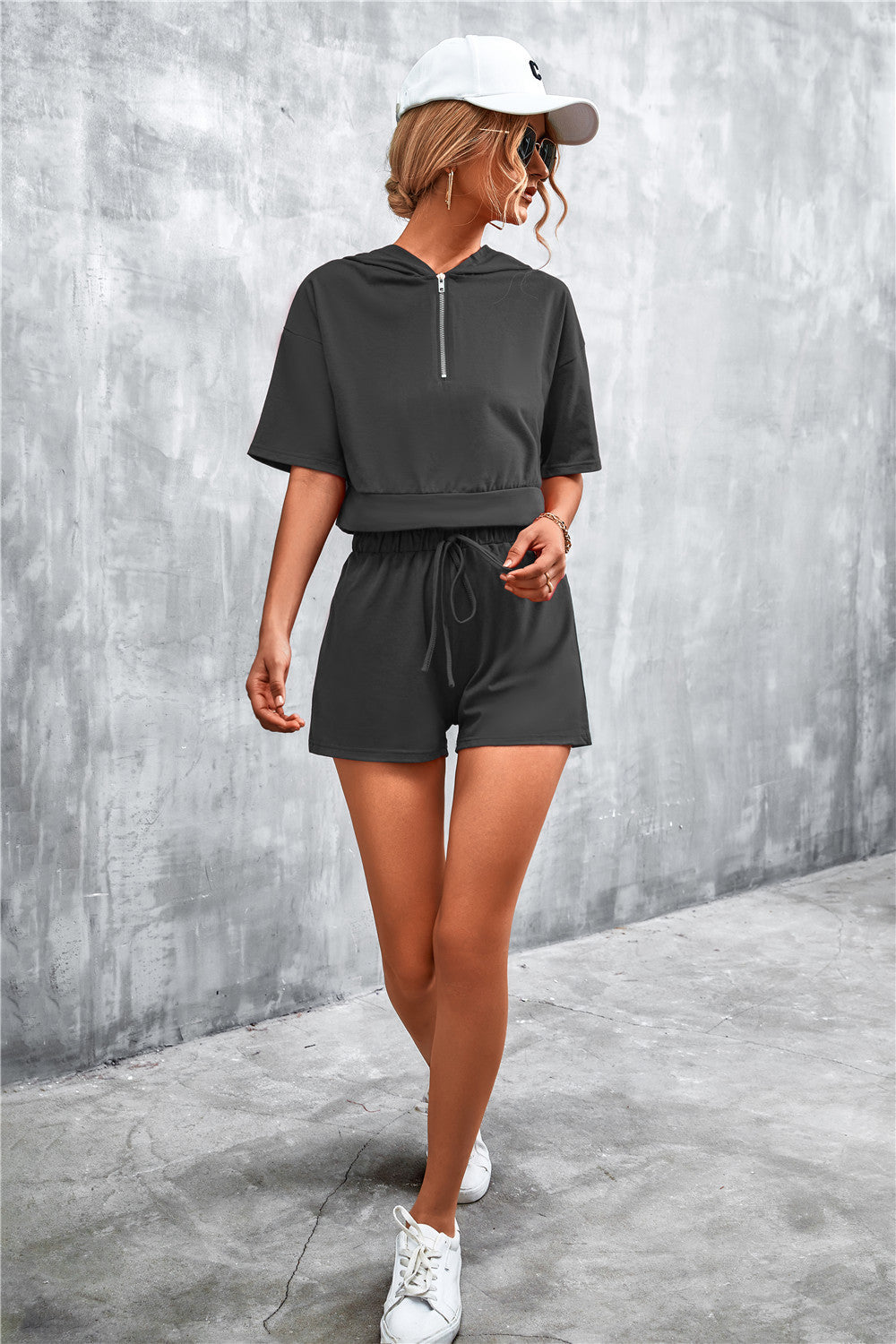 Stylish Half-Zip Hooded Cropped Tee & Shorts Co-ord Set