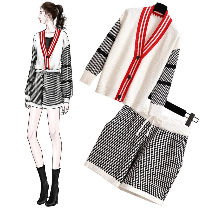 Korean Style V-collar Long-sleeved Knitted Cardigan and Shorts | Two Piece Set for Women | Fashion Knitting Patchwork 2Pcs Outfits