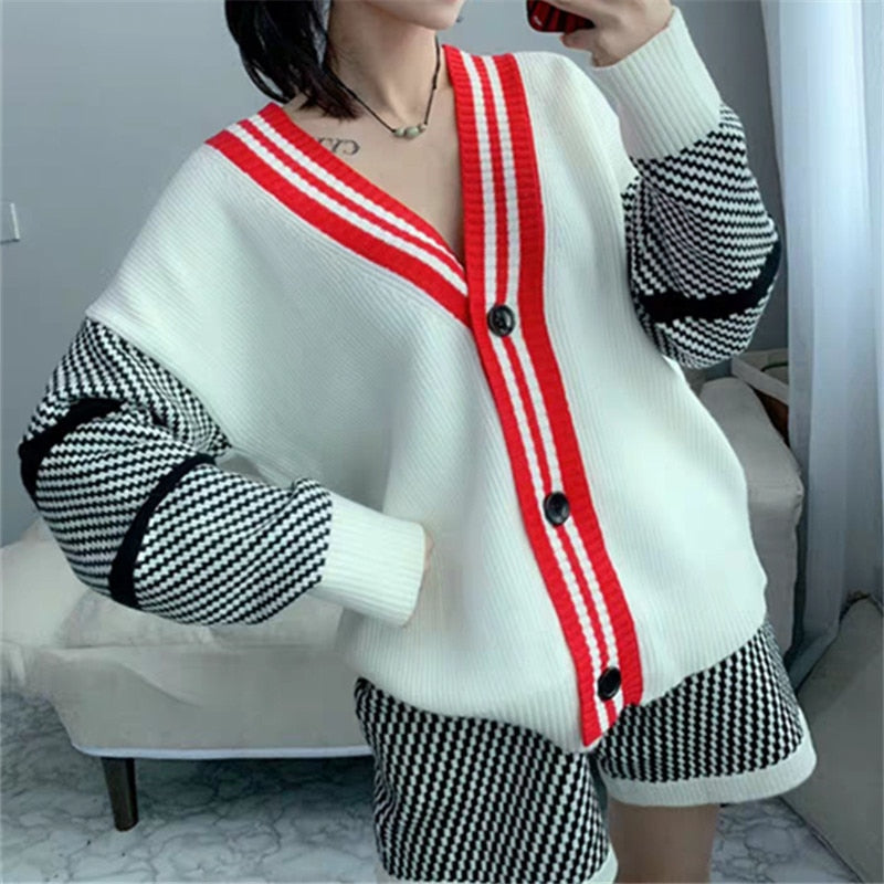 Korean Style V-collar Long-sleeved Knitted Cardigan and Shorts | Two Piece Set for Women | Fashion Knitting Patchwork 2Pcs Outfits