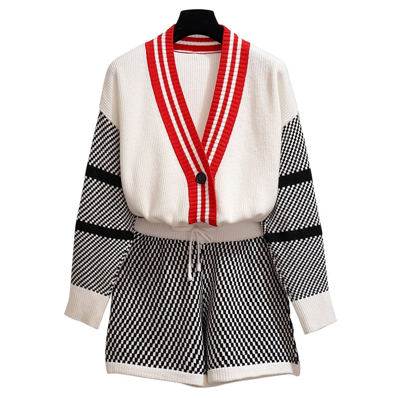 Korean Style V-collar Long-sleeved Knitted Cardigan and Shorts | Two Piece Set for Women | Fashion Knitting Patchwork 2Pcs Outfits