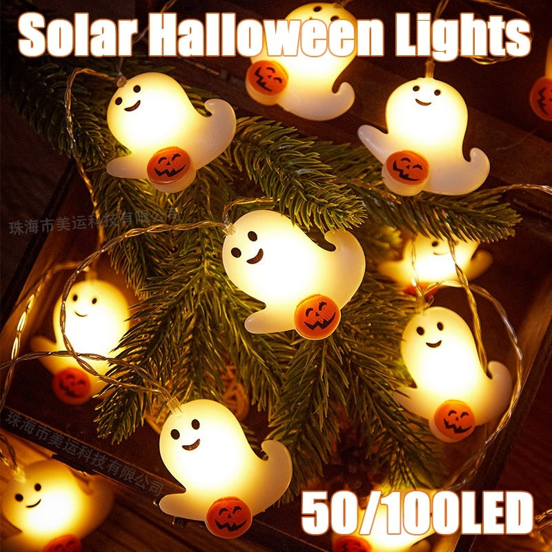 Halloween Solar String Lights | Adorable Pumpkin and Ghost Faces | Garden, Bar, and Party Decorations