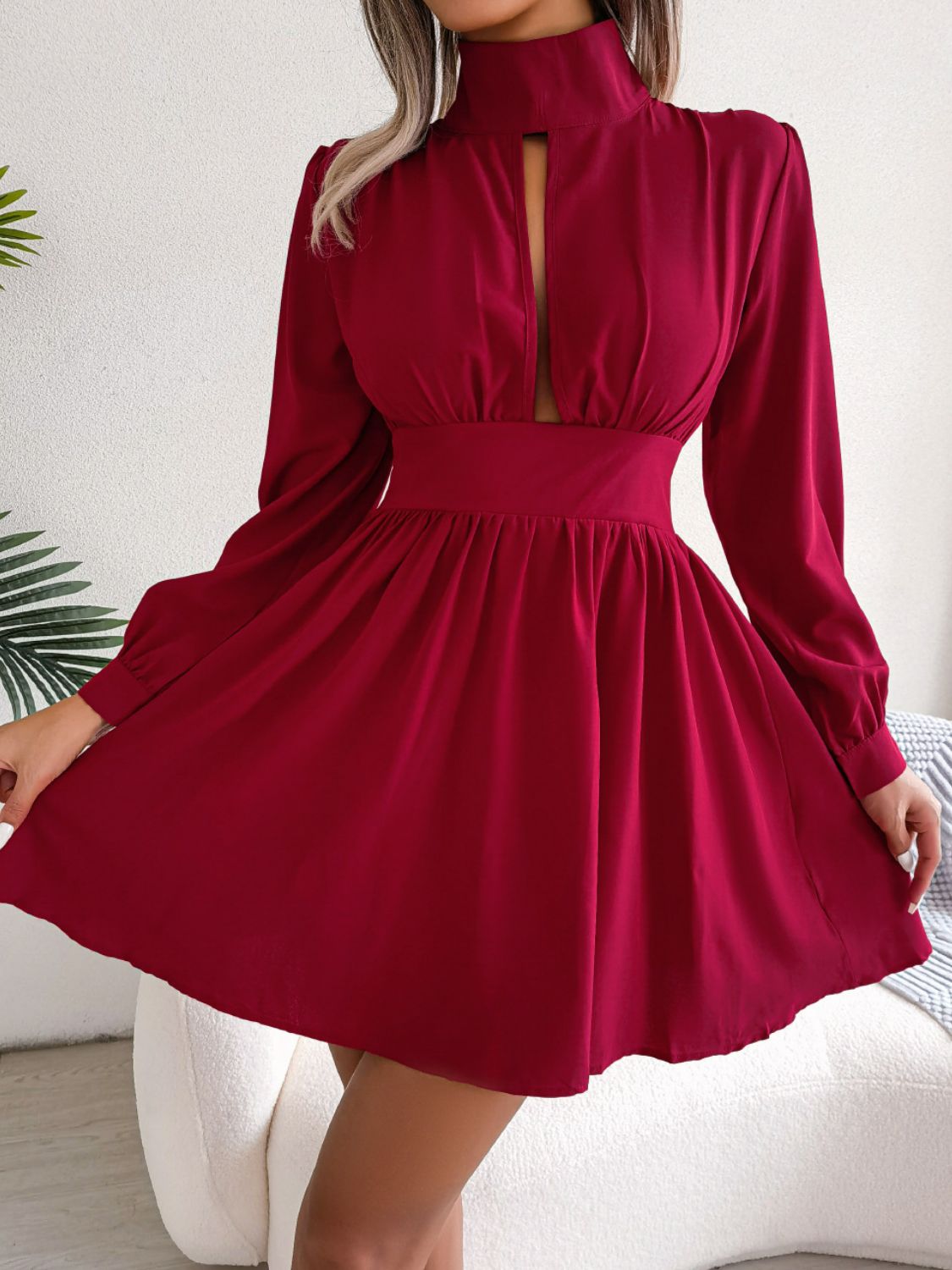 Chic Cutout Turtleneck Mini Dress - A-Line, Long Sleeve, Keyhole Neckline - Casual Elegance for Women