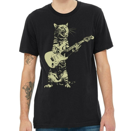 Feline Groove: Men's Graphic Tee with Cat Guitarist Print