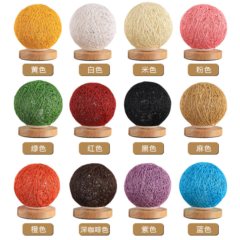 Wood Table Lamp Wood Decorative Bedside Yarn Ball Lamp USB Charger