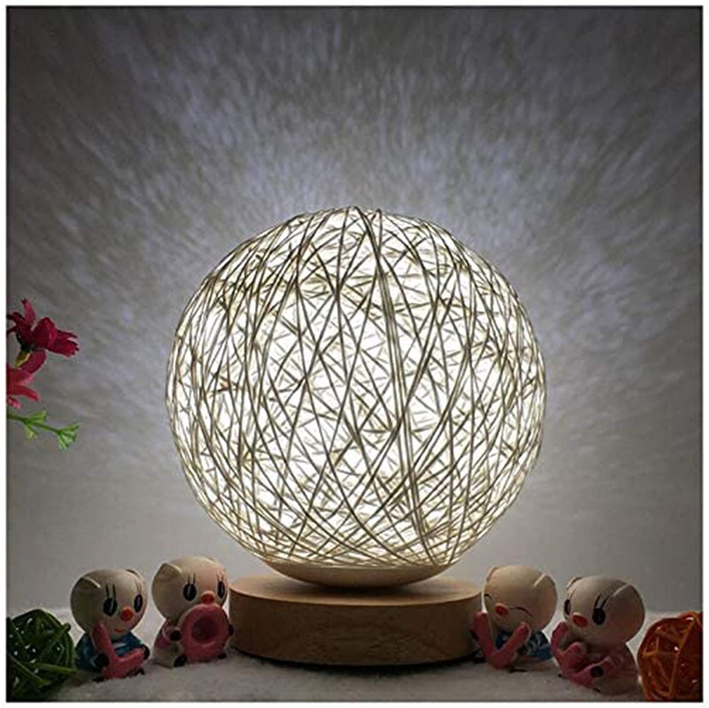 Wood Table Lamp Wood Decorative Bedside Yarn Ball Lamp USB Charger