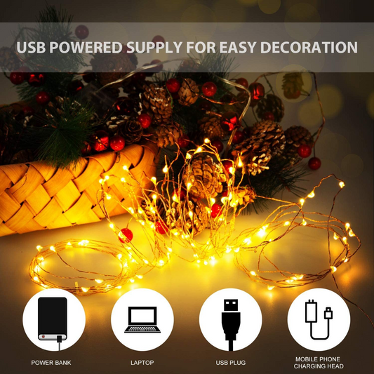 Starry Elegance: 10M Warm White LED USB Copper Wire Christmas Lights