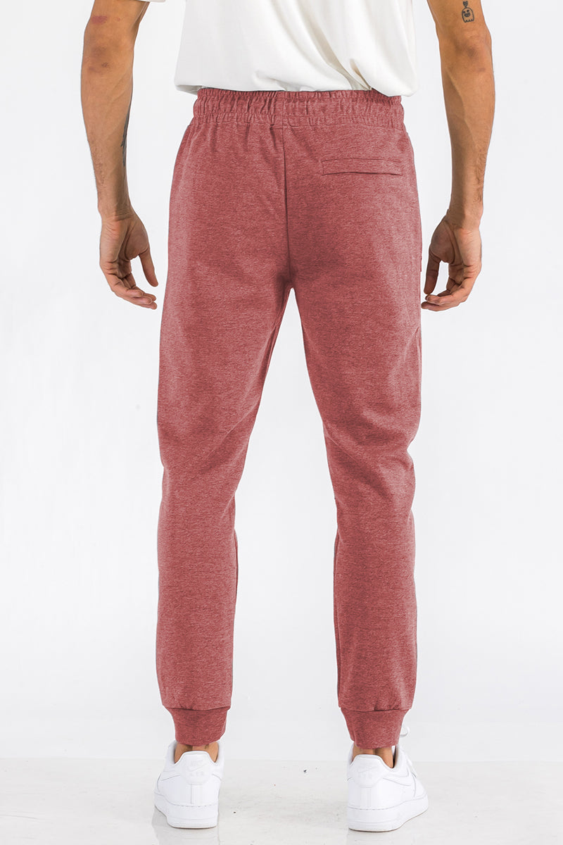 Crimson Comfort: Heathered Cotton Blend Sweatpants with Zipper Pockets