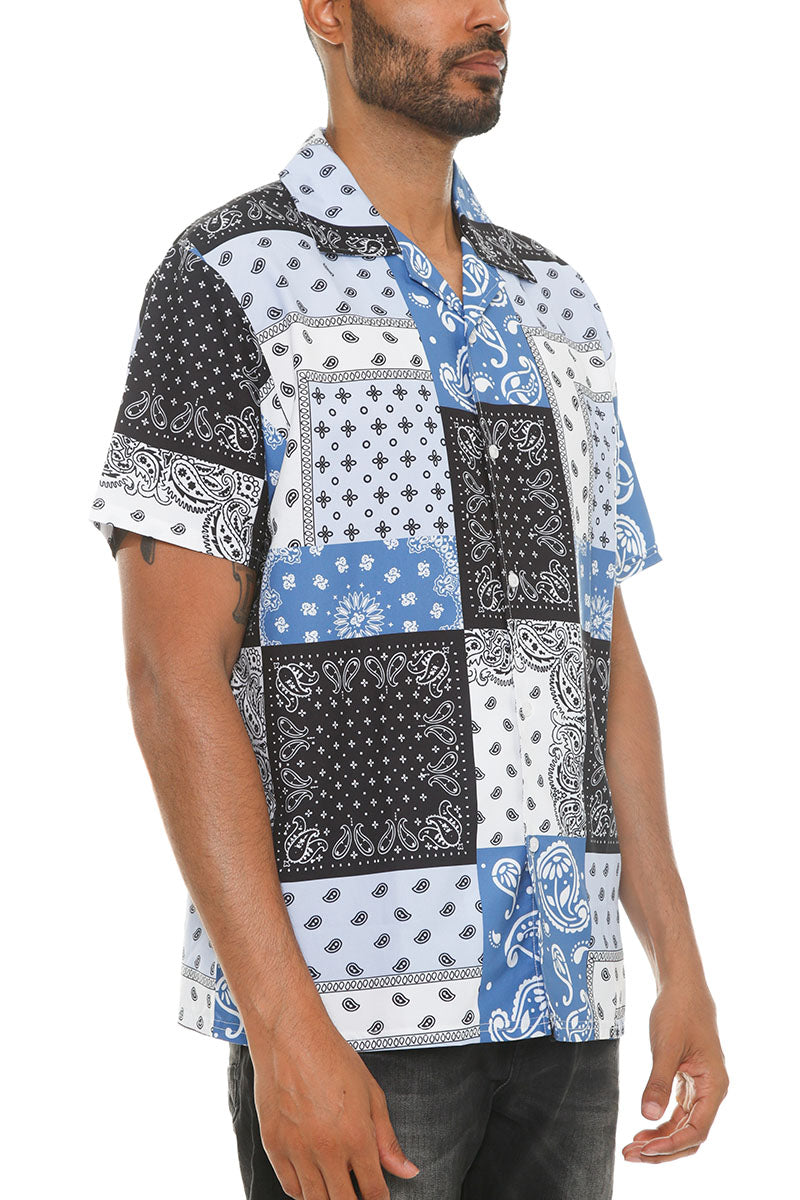 Men's Paisley Print Button-Down Shirt - Elegant Short Sleeve Polyester Top in White, Lavender, Black