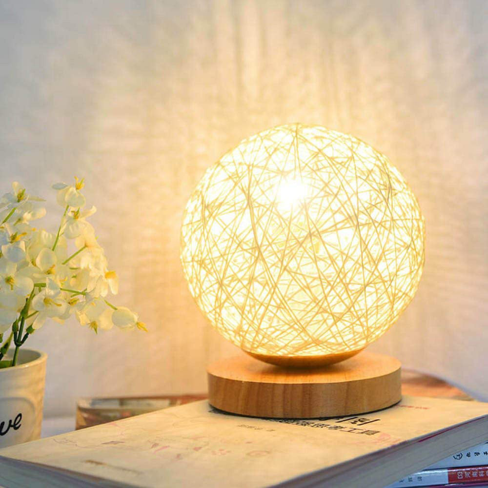 Wood Table Lamp Wood Decorative Bedside Yarn Ball Lamp USB Charger