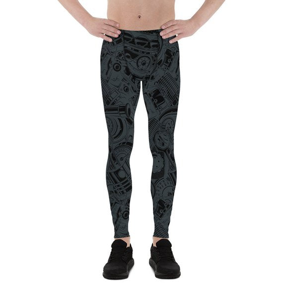 Men's Performance Leggings - Black Leggings with Auto Parts Design