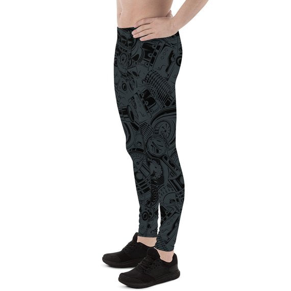 Men's Performance Leggings - Black Leggings with Auto Parts Design