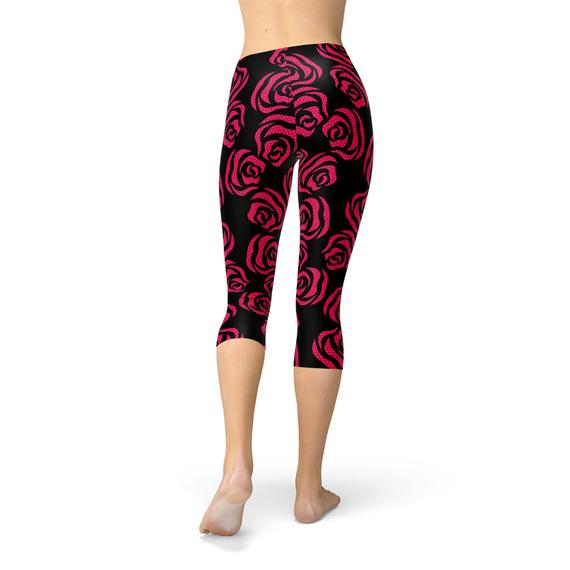 Blooming Elegance: Red Roses Capri Leggings for Women
