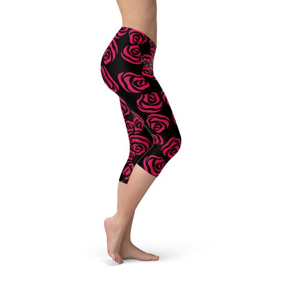Blooming Elegance: Red Roses Capri Leggings for Women