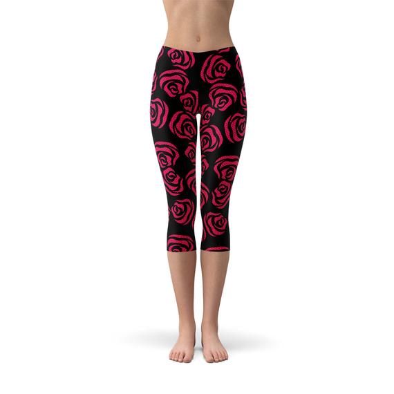 Blooming Elegance: Red Roses Capri Leggings for Women