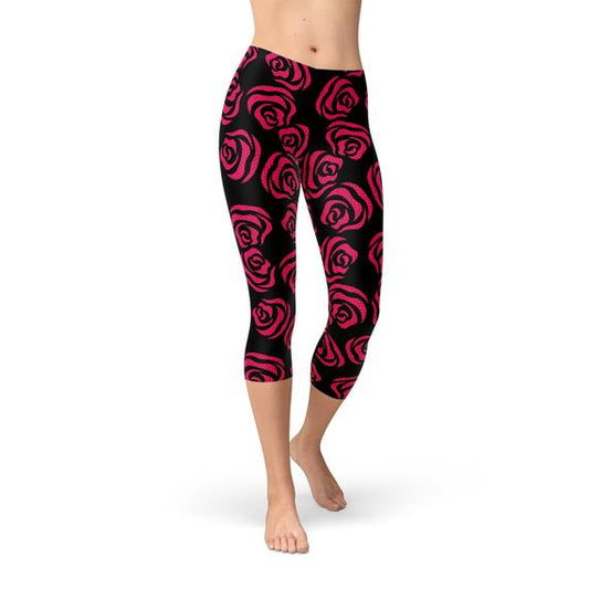 Blooming Elegance: Red Roses Capri Leggings for Women