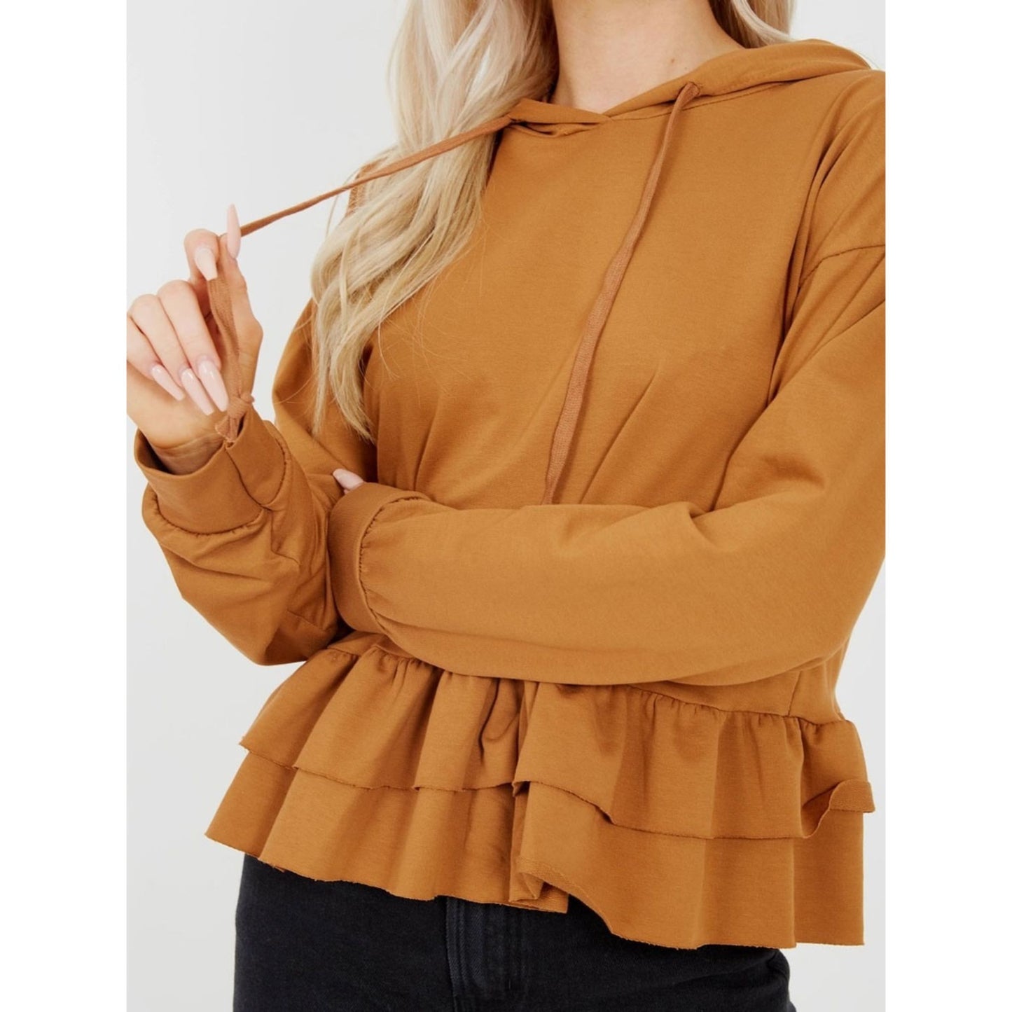 Camel Frill Hoodie - Chic Comfort, Layered Elegance