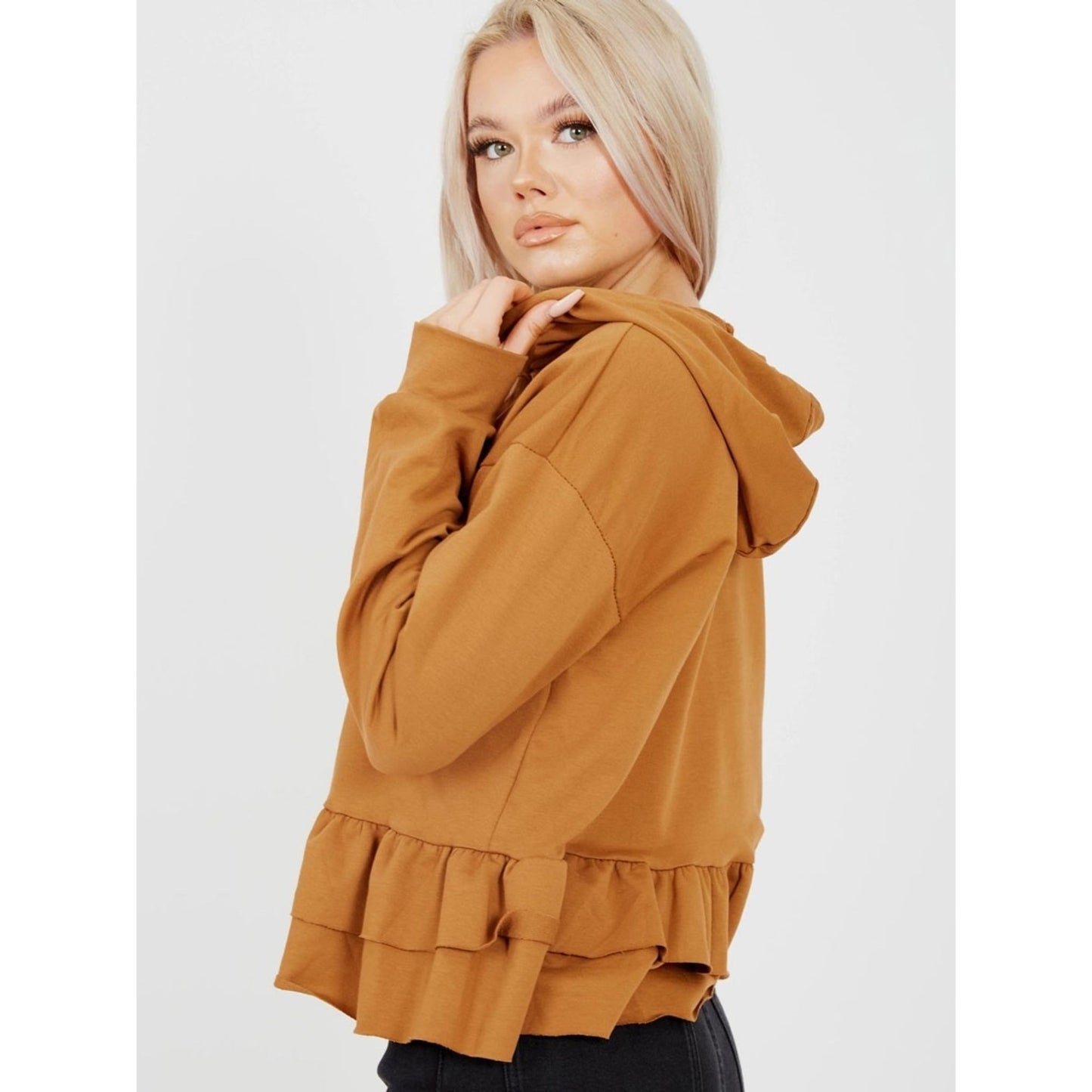 Camel Frill Hoodie - Chic Comfort, Layered Elegance