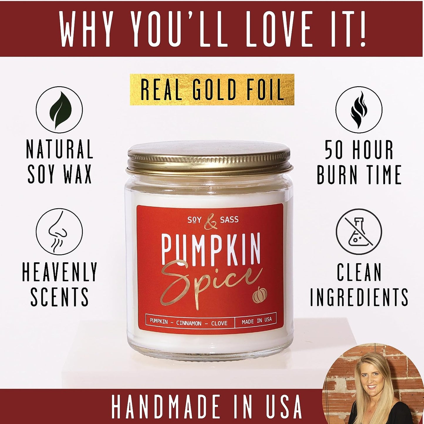 Soy Wax Candles: Pumpkin Spice I Infused with Essential Oils I Fall Candle Decor, Fall Scented Candle I 9Oz Reusable Jar I 50 Hour Burn I Made in USA