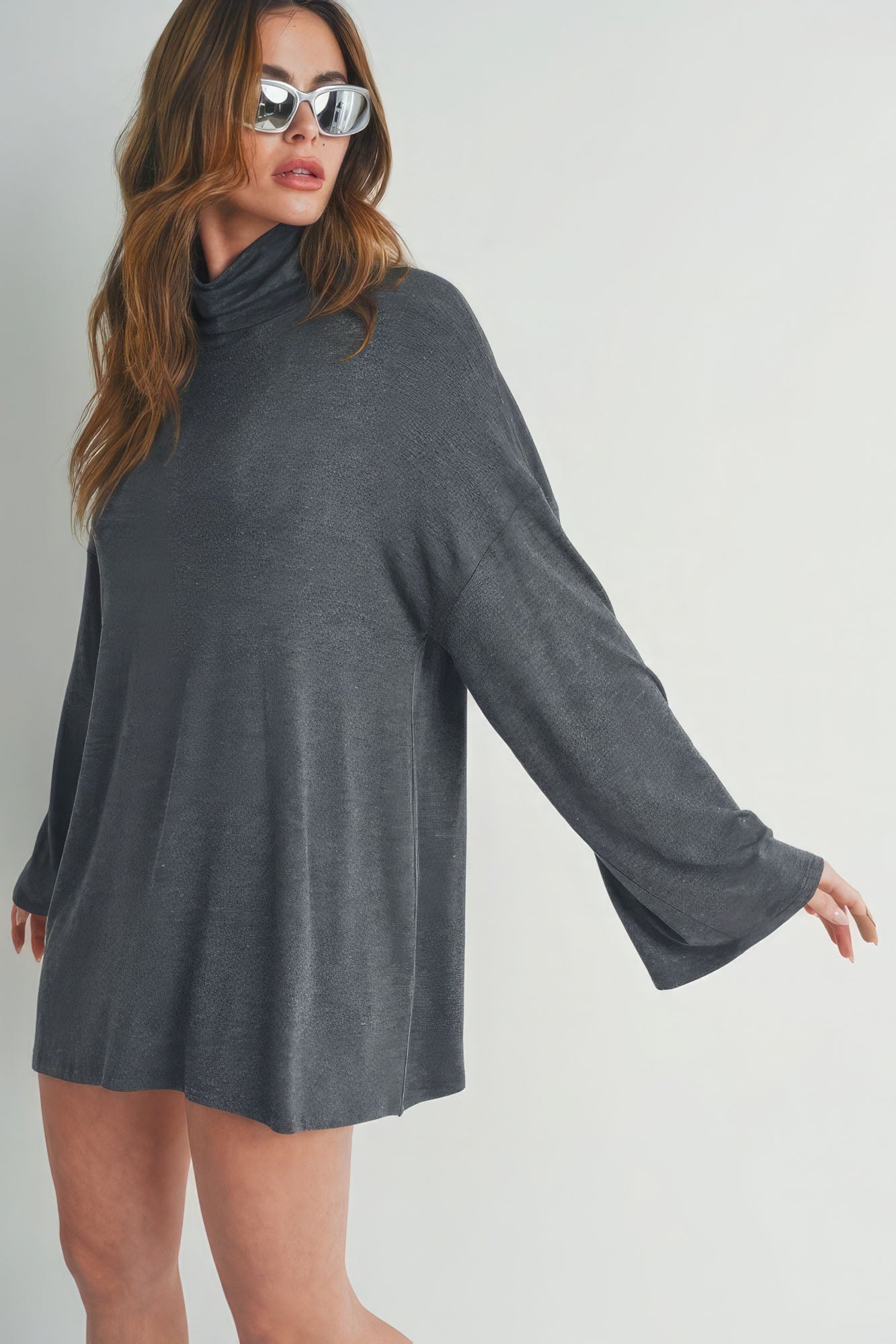 Chic Charcoal Bell Sleeve Turtle Neck Dress – A Blend of Elegance and Comfort