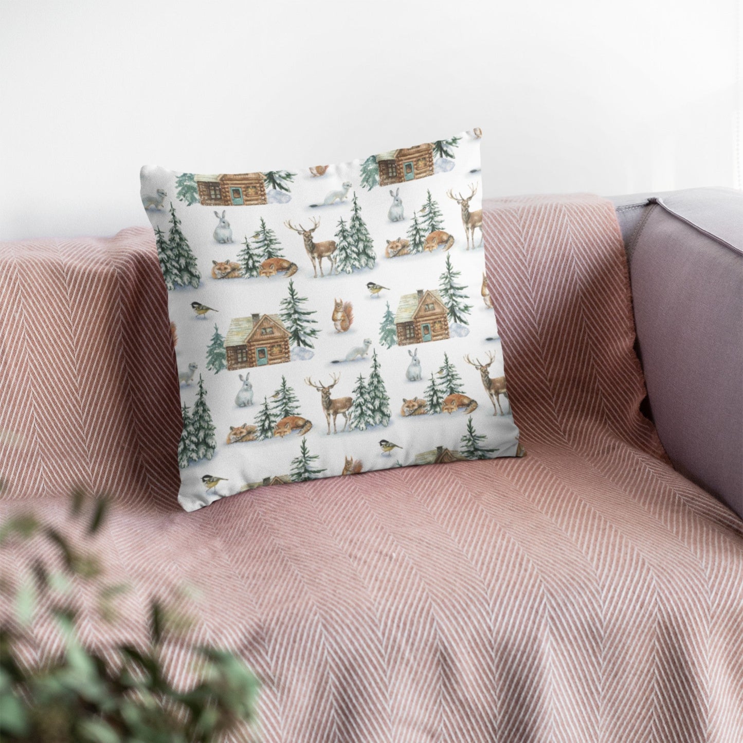 Christmas Decor of Grid House in Nature Throw Pillow Cushion