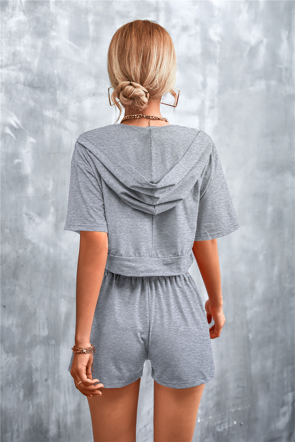 Stylish Half-Zip Hooded Cropped Tee & Shorts Co-ord Set