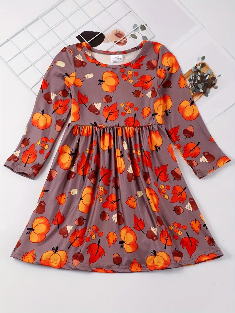 Kids Dress | Kids Autumn Dress | Harvest Long Sleeve Twirly Dress (Thanksgiving)