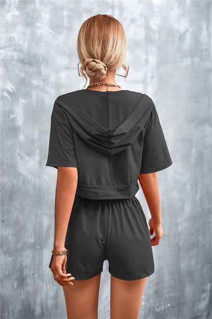 Stylish Half-Zip Hooded Cropped Tee & Shorts Co-ord Set