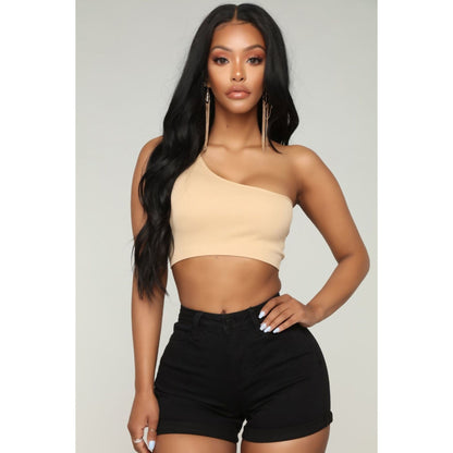 Chic Beige One-Shoulder Crop Top by J5FASHION: Style Meets Comfort