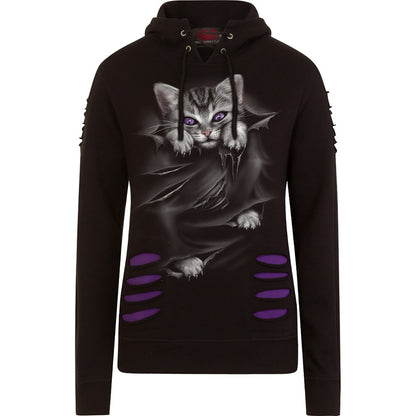 BRIGHT EYES - Large Hood Ripped Hoody Purple-Black.