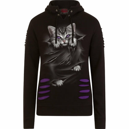 BRIGHT EYES - Large Hood Ripped Hoody Purple-Black.