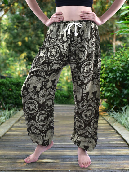Bohotusk Olive Green Elephant Tusker Print Womens Harem Pants Tie