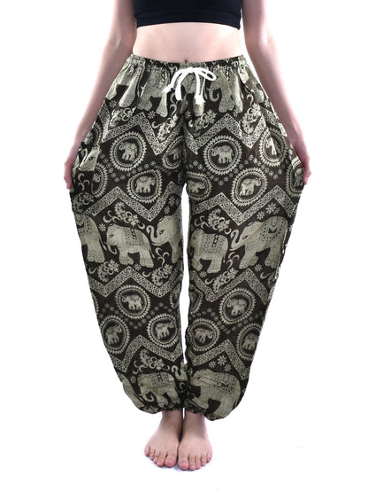 Bohotusk Olive Green Elephant Tusker Print Womens Harem Pants Tie