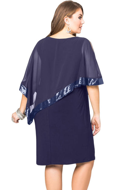 Navy Blue Sequined Mesh Overlay Poncho Plus Size