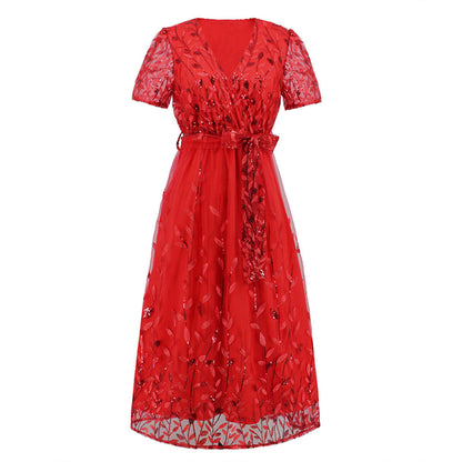 Ethereal Elegance: Embroidered Shimmering Mesh Mid-Length Evening Dress - V-Neck, Floral Adornments