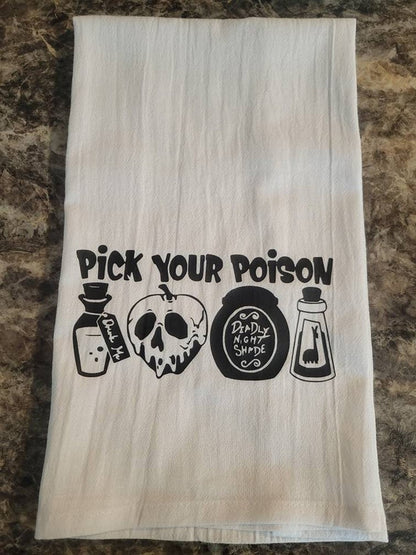 'Pick Your Poison' kitchen towel | Spooky Season Bar Towel | Autumn fall Halloween Eve Party Home Decoration | Housewarming Gift