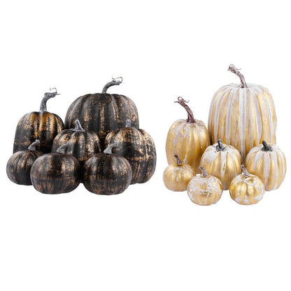 Enchanting Autumn Gold & Black Pumpkin Decor Set | 7-Piece Assortment for Fall, Halloween, Thanksgiving, and Weddings | Faux Harvest Pumpkins to Elevate Your Seasonal Decor