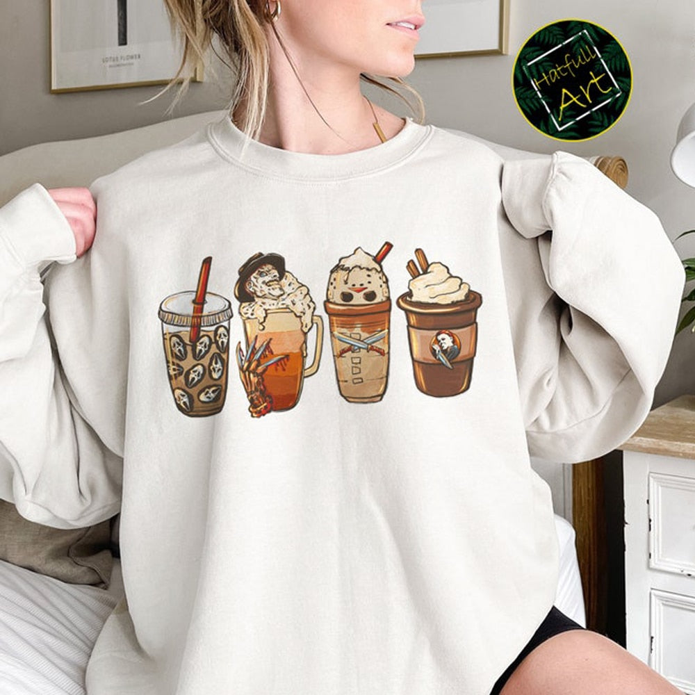 Cute Spooky Coffee Cups Halloween Hoodie | Fall Season Coffee Lover's Sweatshirt