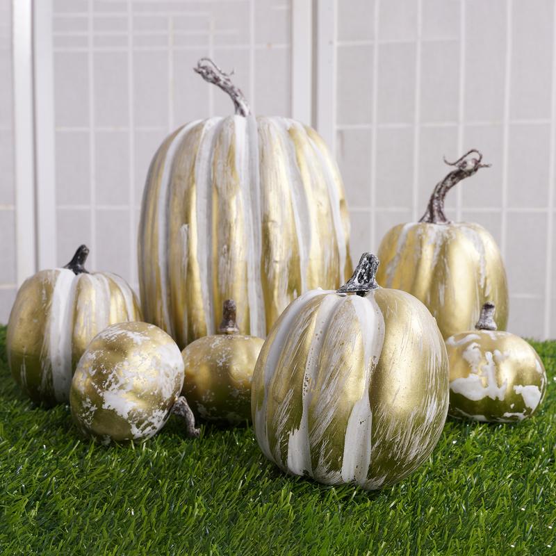 Enchanting Autumn Gold & Black Pumpkin Decor Set | 7-Piece Assortment for Fall, Halloween, Thanksgiving, and Weddings | Faux Harvest Pumpkins to Elevate Your Seasonal Decor