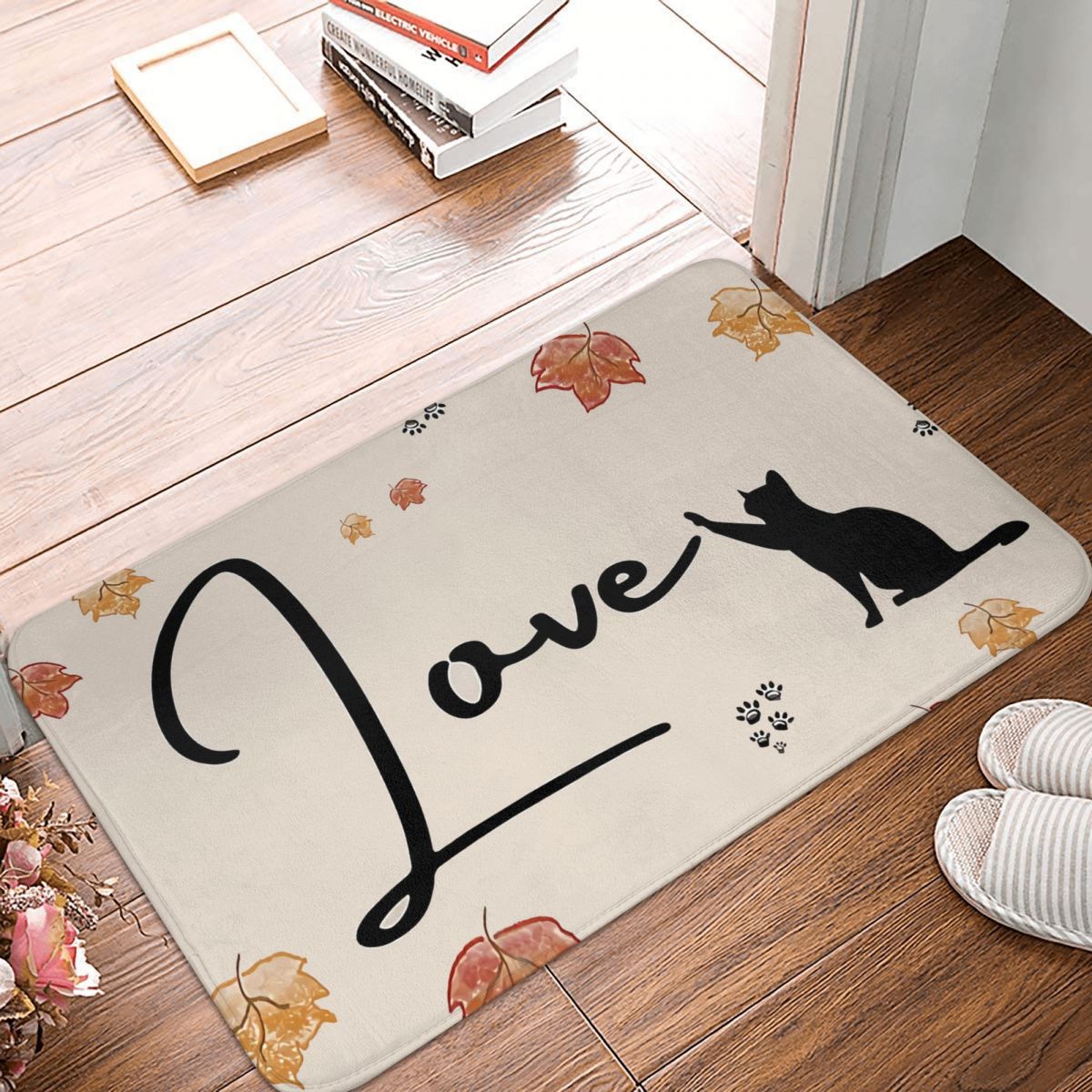 Spooky Black Cat Love Non-Slip Indoor Doormat | Halloween Welcome Mat | Fall Season Home Decor Rug | Feline Friends Living Room Carpet