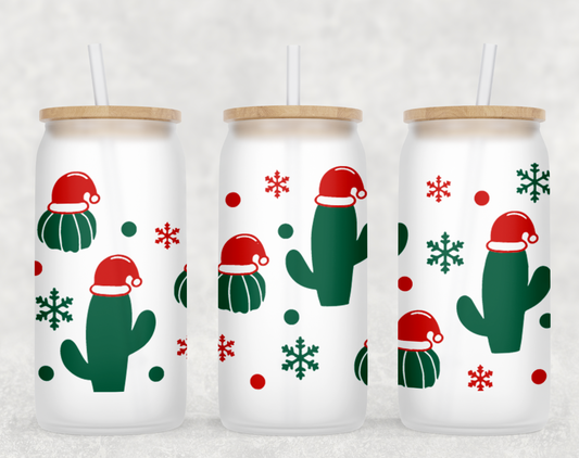 Festive Frosted Christmas Cactus Glass Can Tumbler