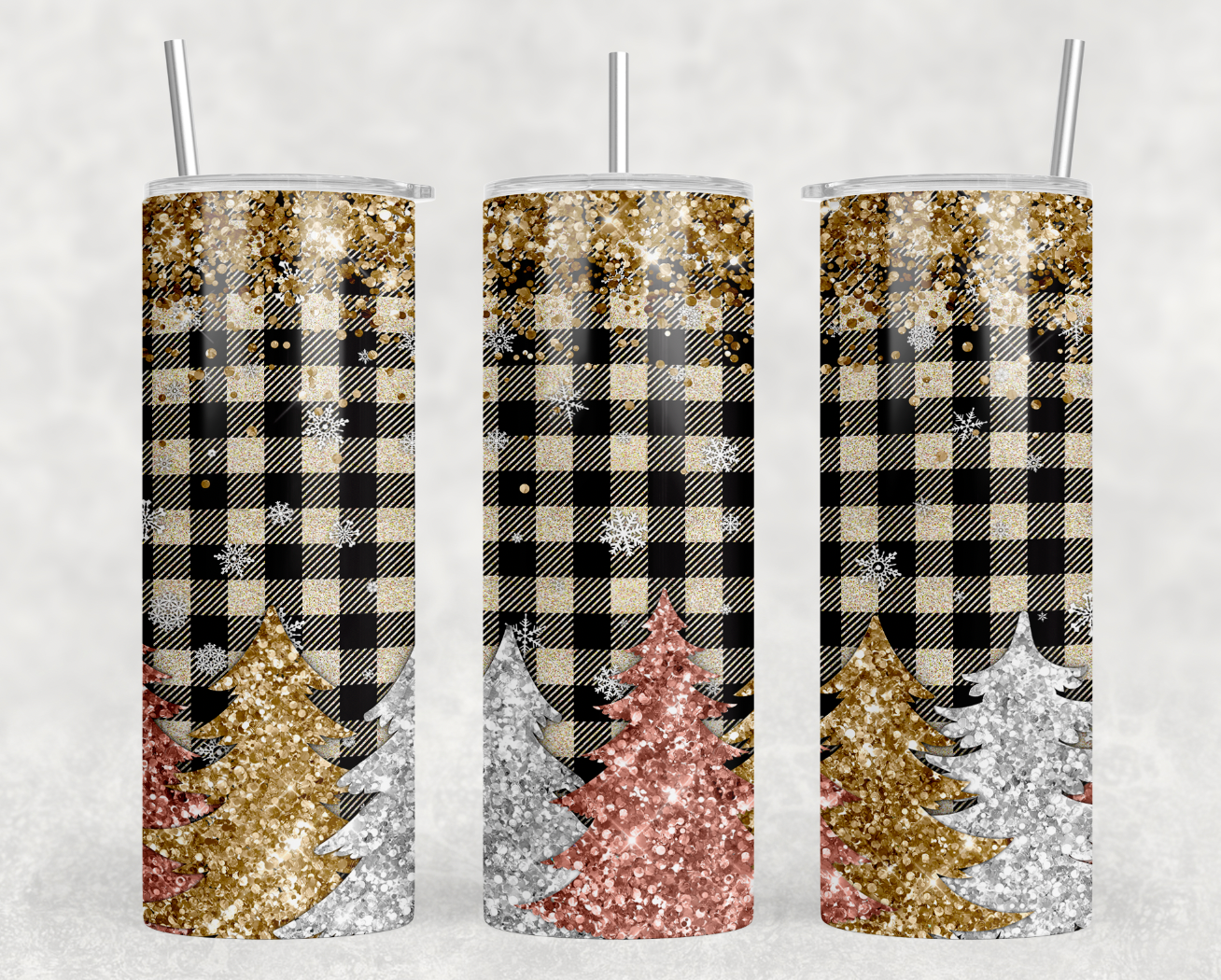 Festive Elegance: Christmas Plaid and Glitter 20oz Skinny Tumbler