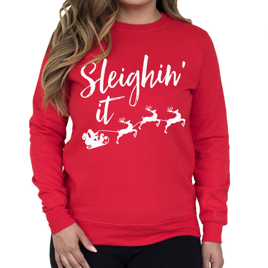 "Sleighin' It" Funny Christmas Crew Neck Sweatshirt