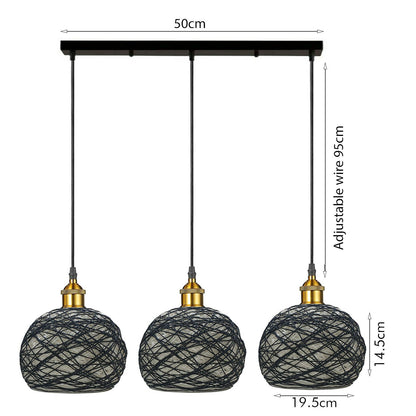 3 Head Wicker Globe Shape Pendant Shade Retro Hanging Ceiling Lamp