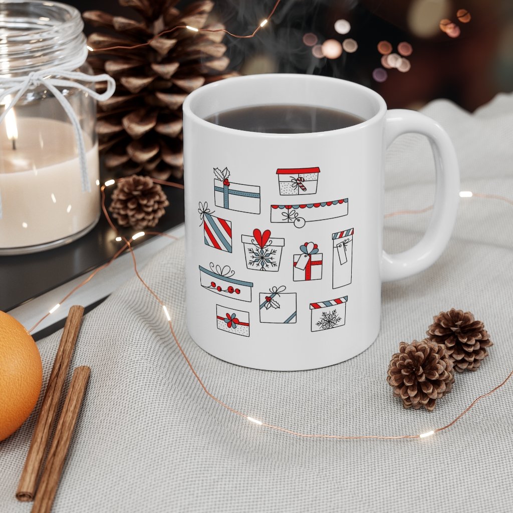 Festive Warmth: Merry Christmas Mug with Cozy Stockings and Presents