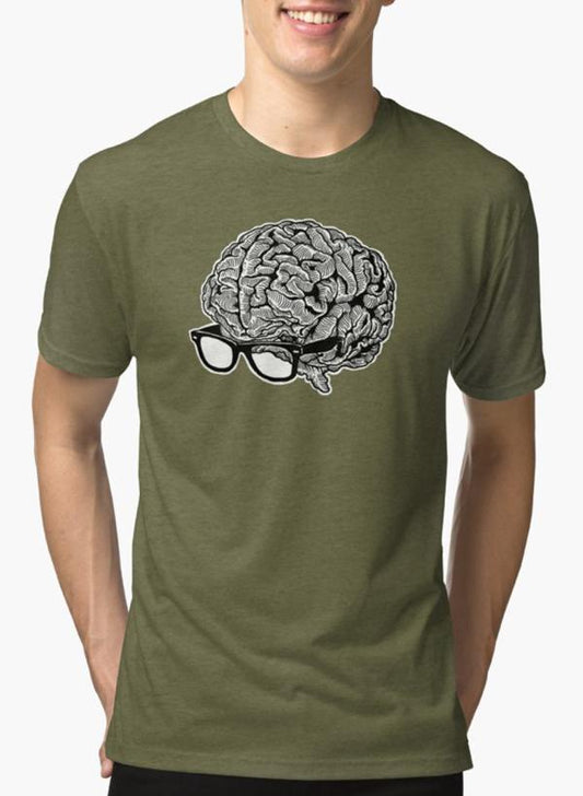 Intellectual Charm: 'Brain with Glasses' Graphic Cotton Tee for Men