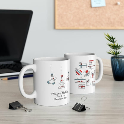 Festive Warmth: Merry Christmas Mug with Cozy Stockings and Presents