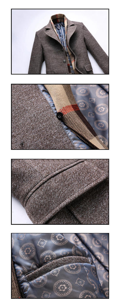 Men's Thick Urban Wool-Blend Winter Coat with Detachable Scarf